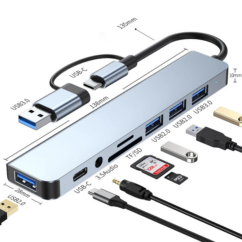 8 in 2 USB +Type C HUB Docking Station with 3.5mm Audio Jack Adapter for Micro SD Card Reader Laptop Tablet Phone Disk Converter