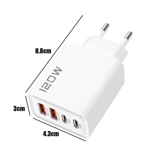 Total 120W Fast Charging PD USB Type-C Wall Adapter for iPhone 16/15/14 Xiaomi Huawei Redmi Oneplus - Quick Charger for Multiple
