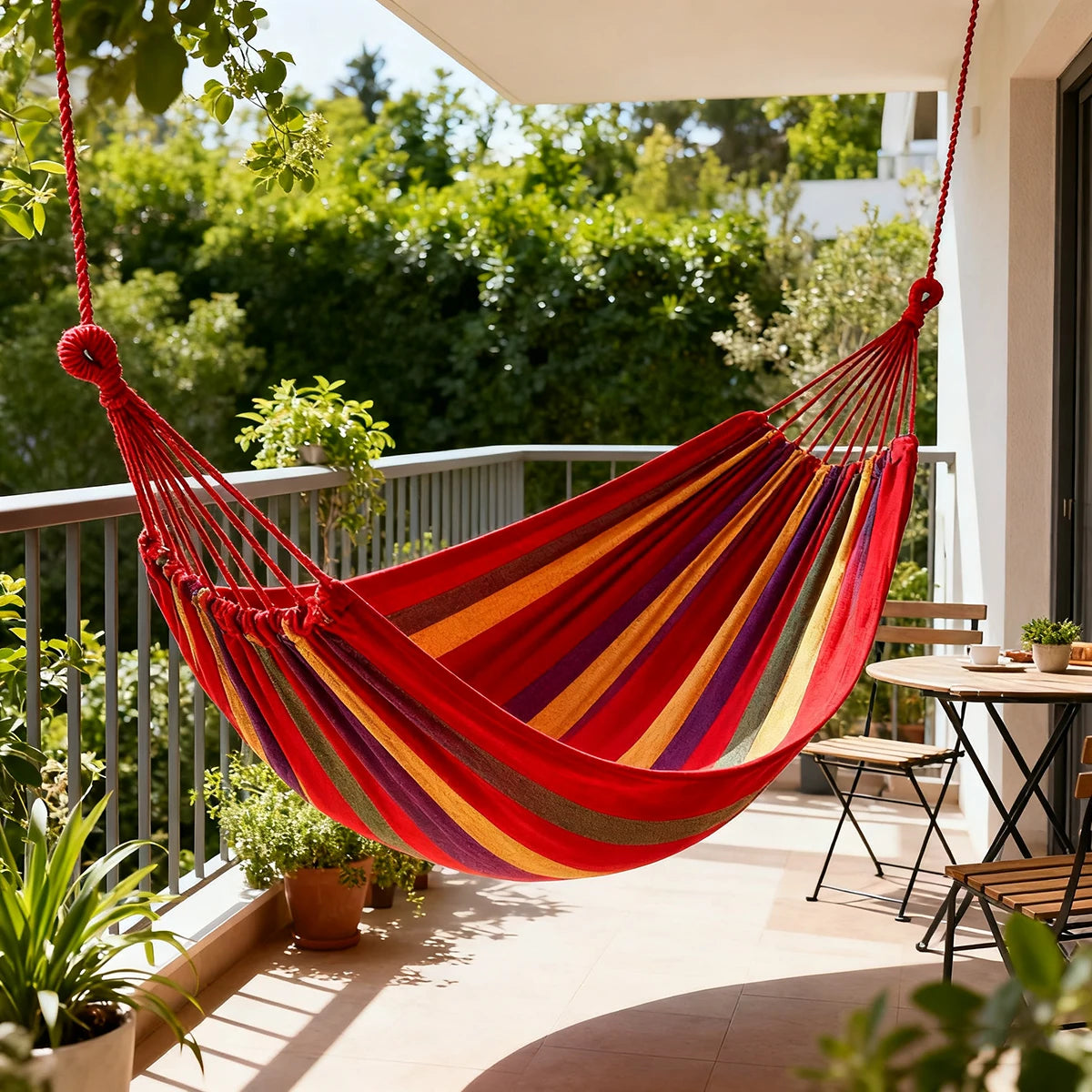 Double Hammock 2 Person Canvas Cotton Hammock with Tree Straps for Patio Garden Backyard Outdoor and Indoor (Red, Blue)
