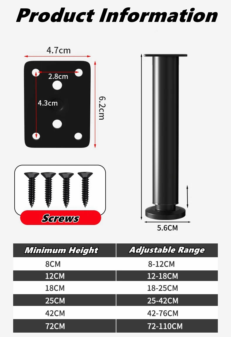 Adjustable Height Furniture Support Legs for Bed Frame, Metal Adjustable Furniture Legs for Bed/Sofa/Cabinet/Couch/Table